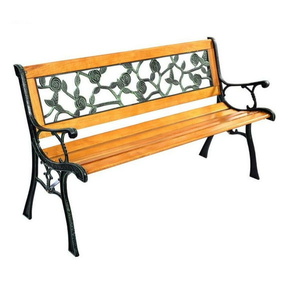 49.5" Patio Bench Outdoor, Cast Iron Garden Park Bench for 3 Adults, Weatherproof Porch Chair with Wood Seat & PVC Backrest, Black, 463 lbs Capacity