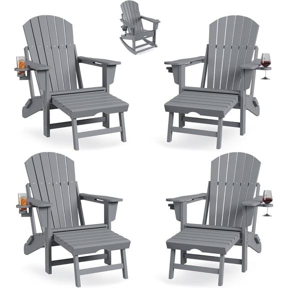 Adirondack Outdoor Rocking Chairs for Porch, Folding Adirondack Rocker Chair With Two Cup Holders, HDPE All Weather Outdoor Adirondacks Rocking Chair