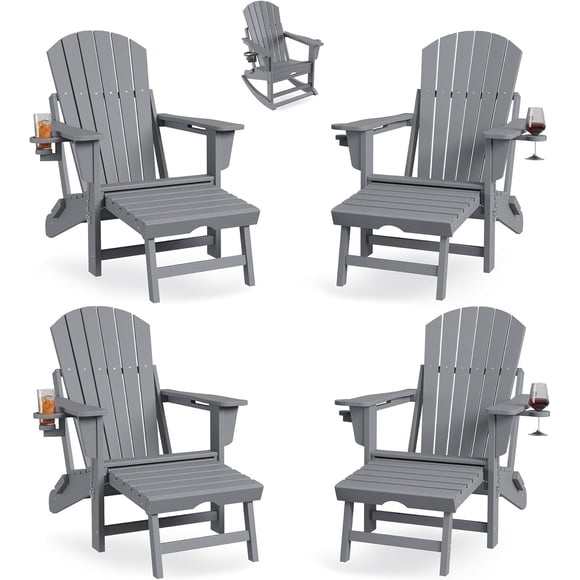 Patio Furniture Rocking Adirondack Chairs Set of 4, Folding Adirondack Rocking Chair With Footrest, Adirondack RockingChair Outdoor With Retractable Ottoman and Cup Holder