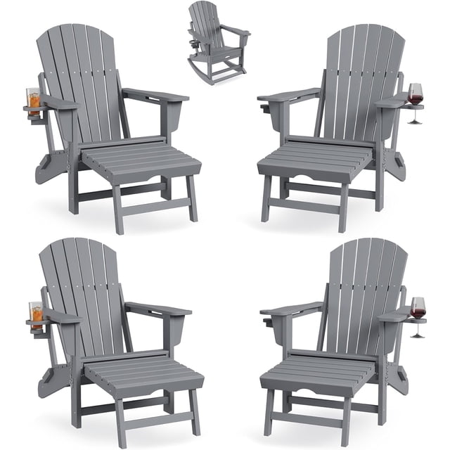 Patio Furniture Rocking Adirondack Chairs Set of 4, Folding Adirondack Rocking Chair With Footrest, Adirondack RockingChair Outdoor With Retractable Ottoman and Cup Holder