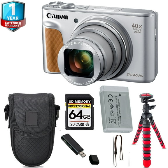 Canon PowerShot SX740 HS Digital Camera (Silver) Tripod 1 Yr Warranty - 64GB Kit