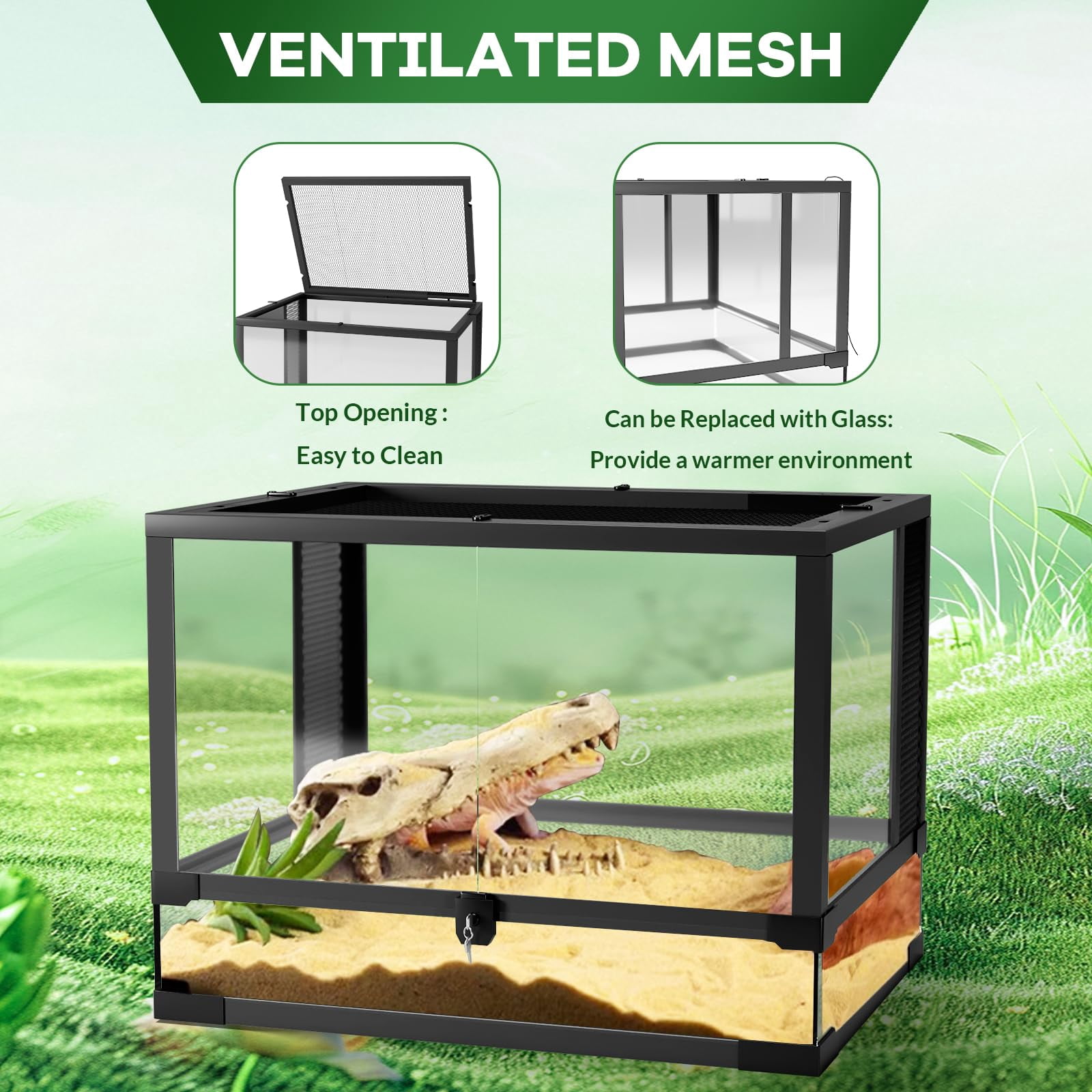 Huisuilinss Reptile Glass Terrarium,Reptile Tank With Top & Side Screen Ventilation,Habitat Cage Enclosure With Double Hinge Door & Anti Escape For Lizard Tortoise Snake Frog Small Animals