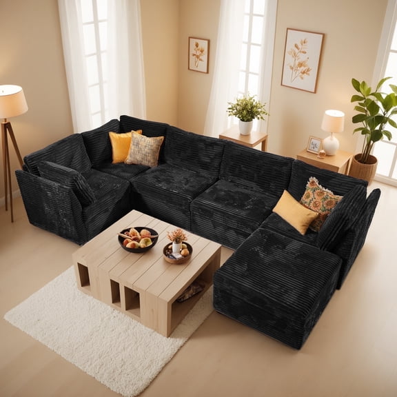 Ovios 130" Modular Sectional Sofa U Shaped Couch with Ottoman 6-Seater Extra Deep Seat Convertible Cloud Couches for Living Room, Black