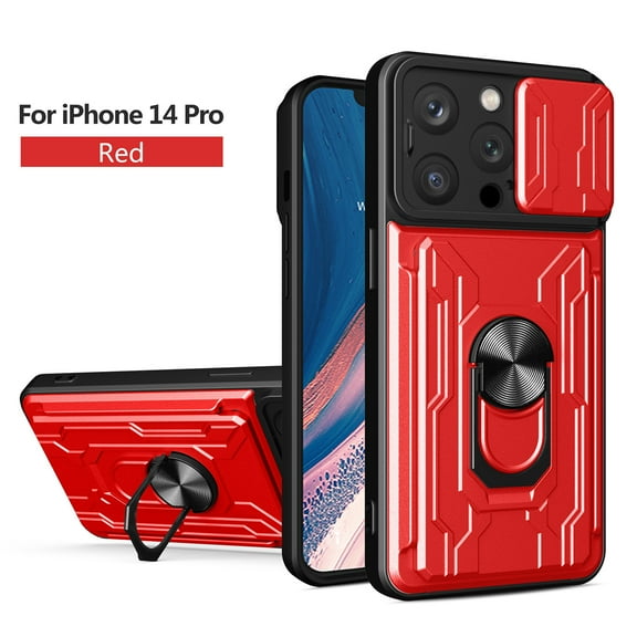 Elehold Multi-layer Strong Protection Rugged Case for iPhone 14 Pro 6.1 inch Slide Lens Protection Protective Heavy Duty Shockproof Armor Case with Ring Kickstand Magnetic Car Mount Holder,Red