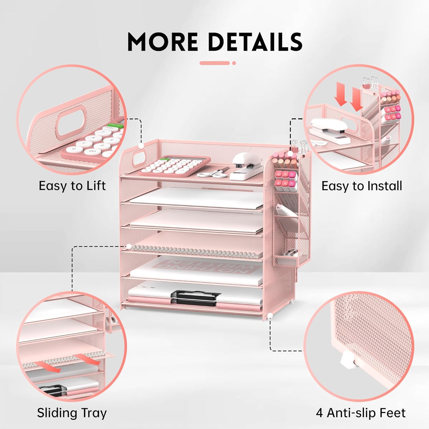 INTIGE 6 Tier Metal File Organizer with 4 Pen Holders and Handle, Desk Paper Organizer, Pink, Need Mount
