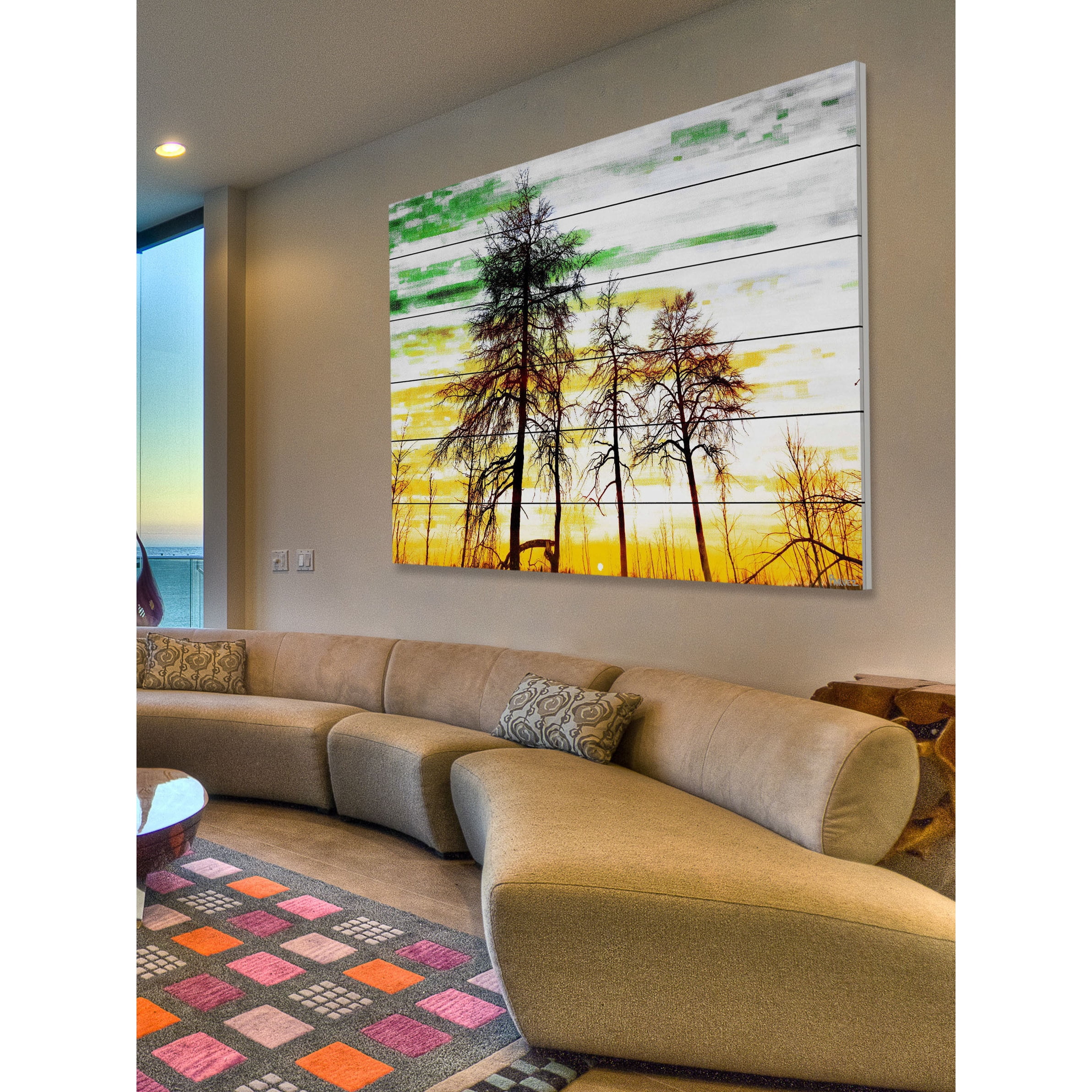 Parvez Taj  - Green and Gold Sky Painting Print on White Wood 45 x 30