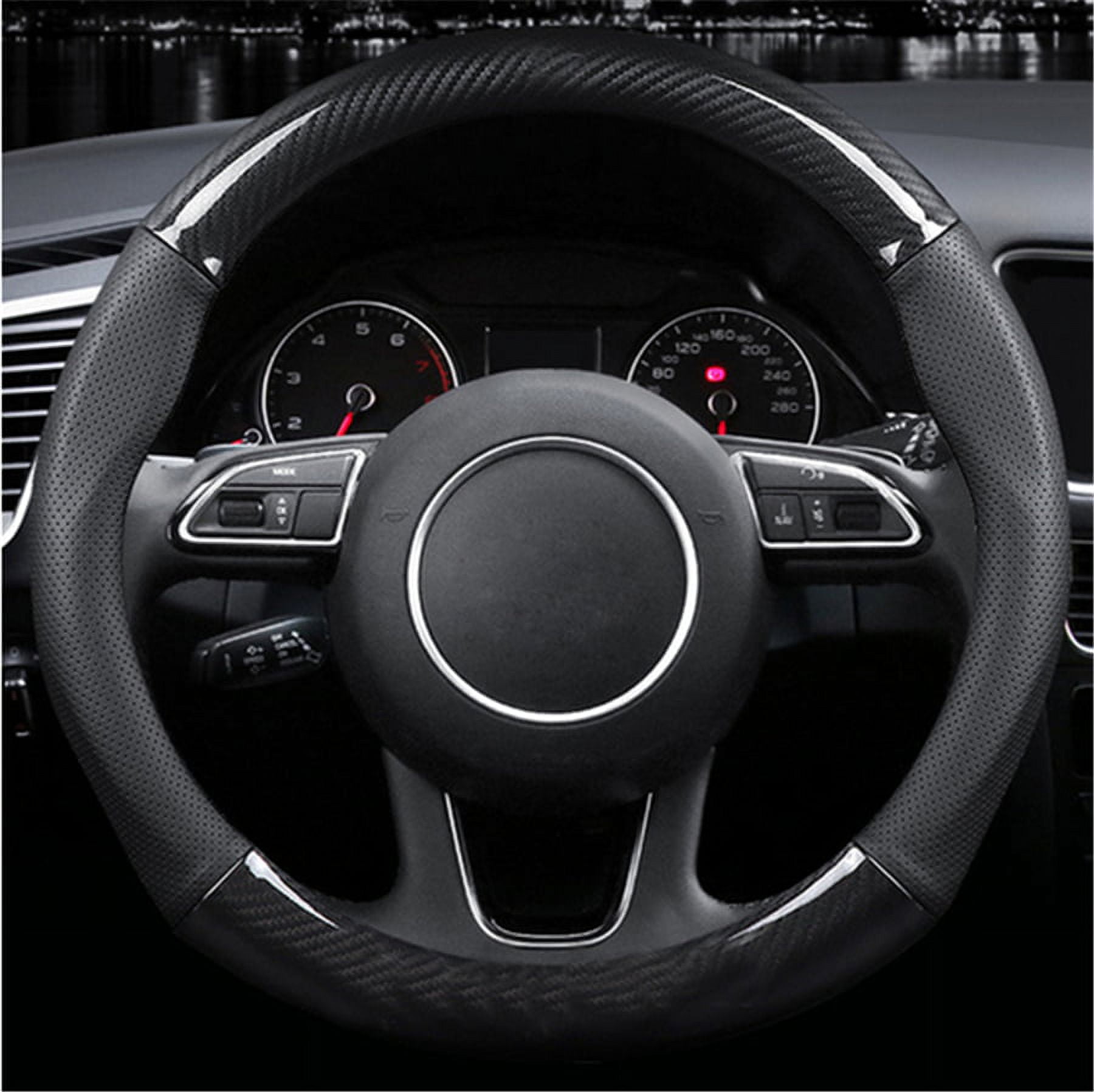 38cm Carbon Fiber Black Leather Non-Slip Car Steering Wheel Cover Trim With Mark