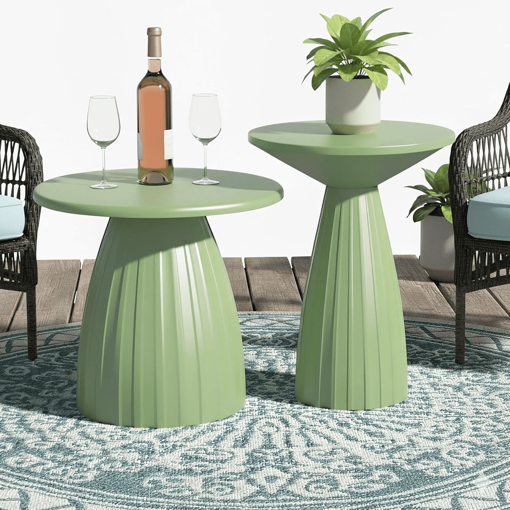 Outdoor Side Tables Set of 2, Small Round End Table, Weather Resistant Metal Steel Side Table for Patio Yard Balcony Garden Bedside, No Assembly, Green