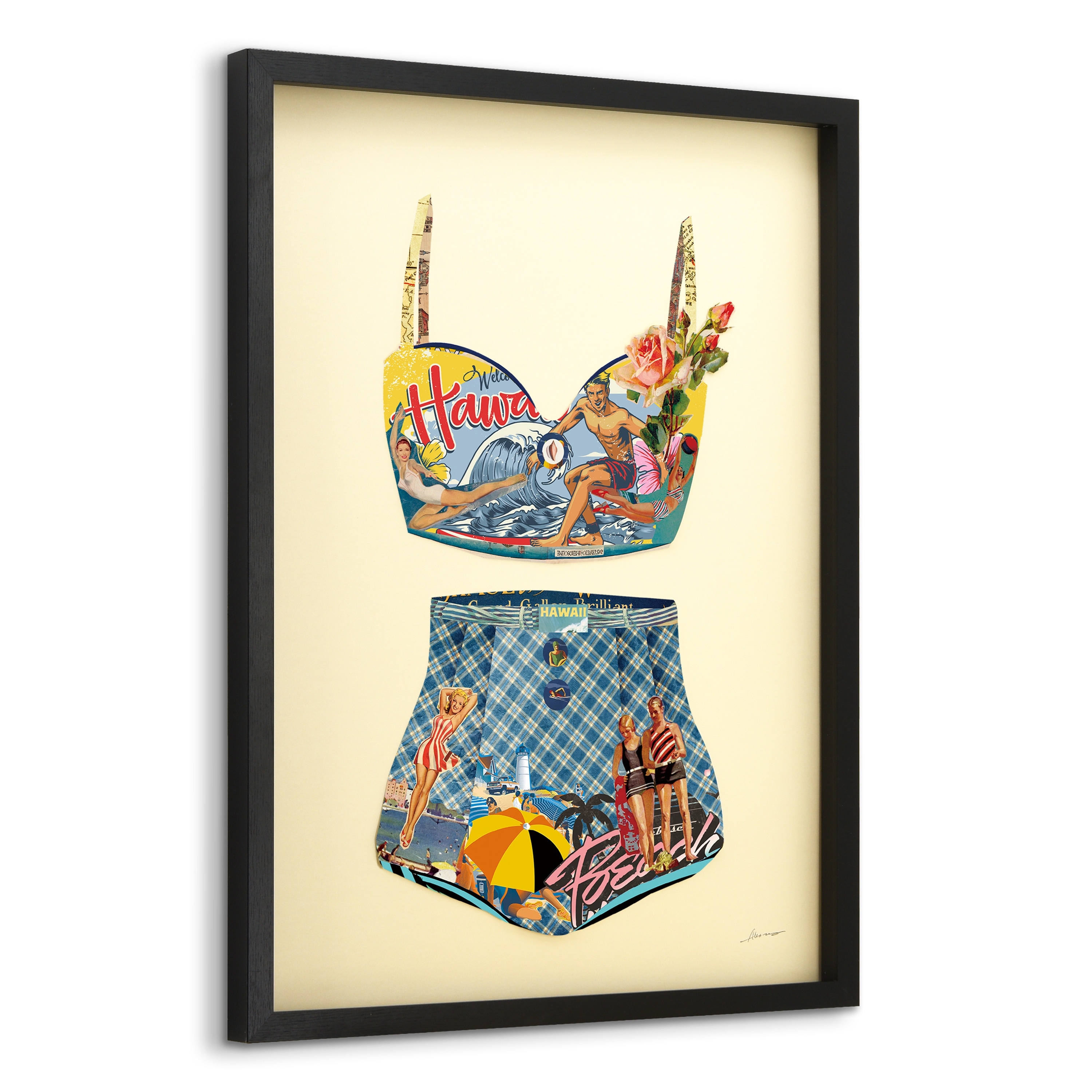 "Hawaii Beach" Dimensional Collage Framed Graphic Art Under Glass Wall Art
