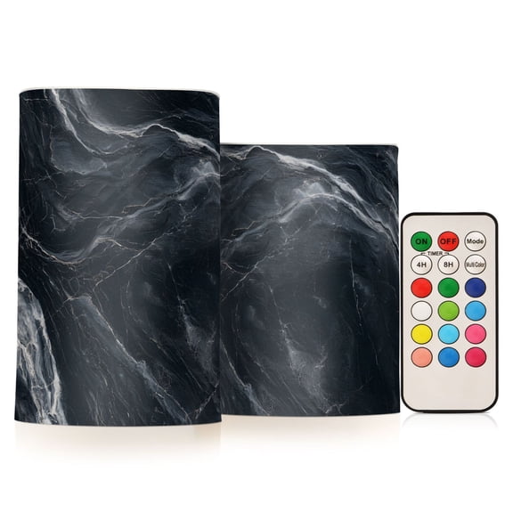 Marble Black Flameless Candles Flickering with Remote and Timer Battery Operated LED Pillar Candle Set of 2