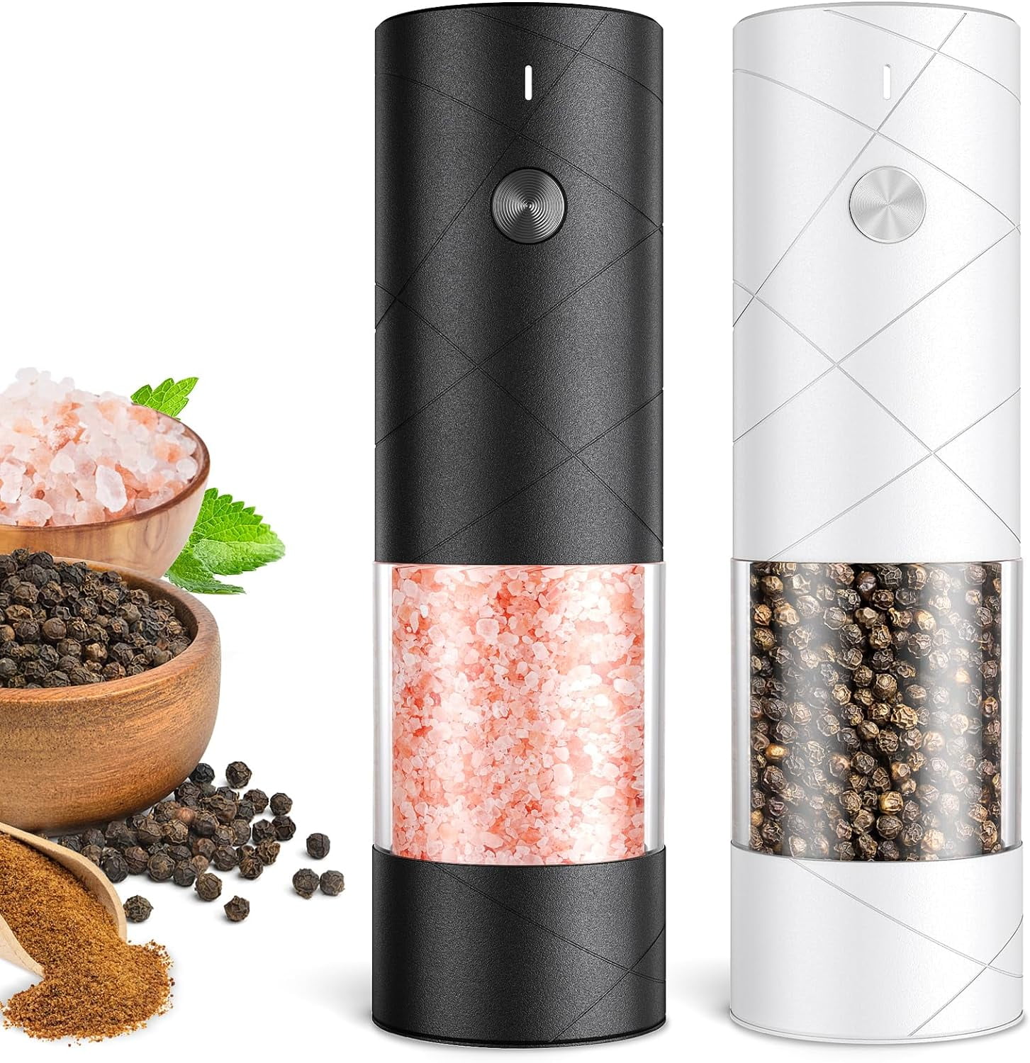 Electric Salt and Pepper Grinder Set, Rechargeable Automatic Pepper Mill Grinder with LED Light, Adjustable Coarseness shakers, One-Hand Operation for Kitchen(2 Pack, Upgrade Black+Black)