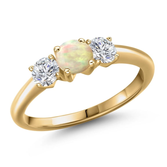 Gem Stone King 18K Yellow Gold Plated Silver White Ethiopian Opal and Lab Grown Diamond Engagement Ring for Women | 0.84 Cttw | Round Cabochon 5MM | Gemstone October Birthstone | Size 7