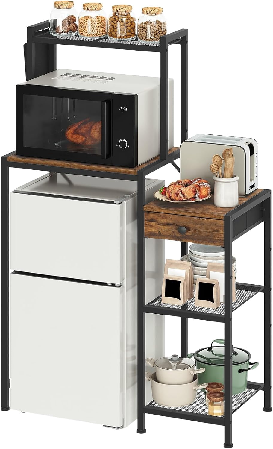 Mini Fridge Stand, Bakers Rack with Storage, 6-Tier Mini Fridge Cabinet, Coffee Bar Station with 1 Drawer, Microwave Stand for Kitchen, Dining Room, Rustic Brown and Black RSHR5401