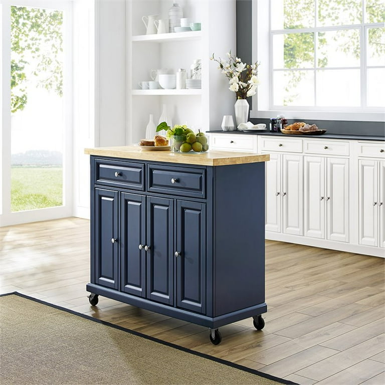 Crosley Furniture Madison Wood Top Kitchen Cart in Navy Natural