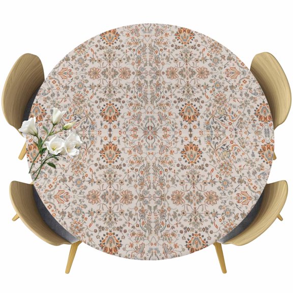 Boho Vintage Round Fitted Table Cover Tribal Style Flowers Waterproof Table Cloth with Elastic Edge Wipeable Tablecloth for Picnic Camping Party Fits 36"-44" Diameter