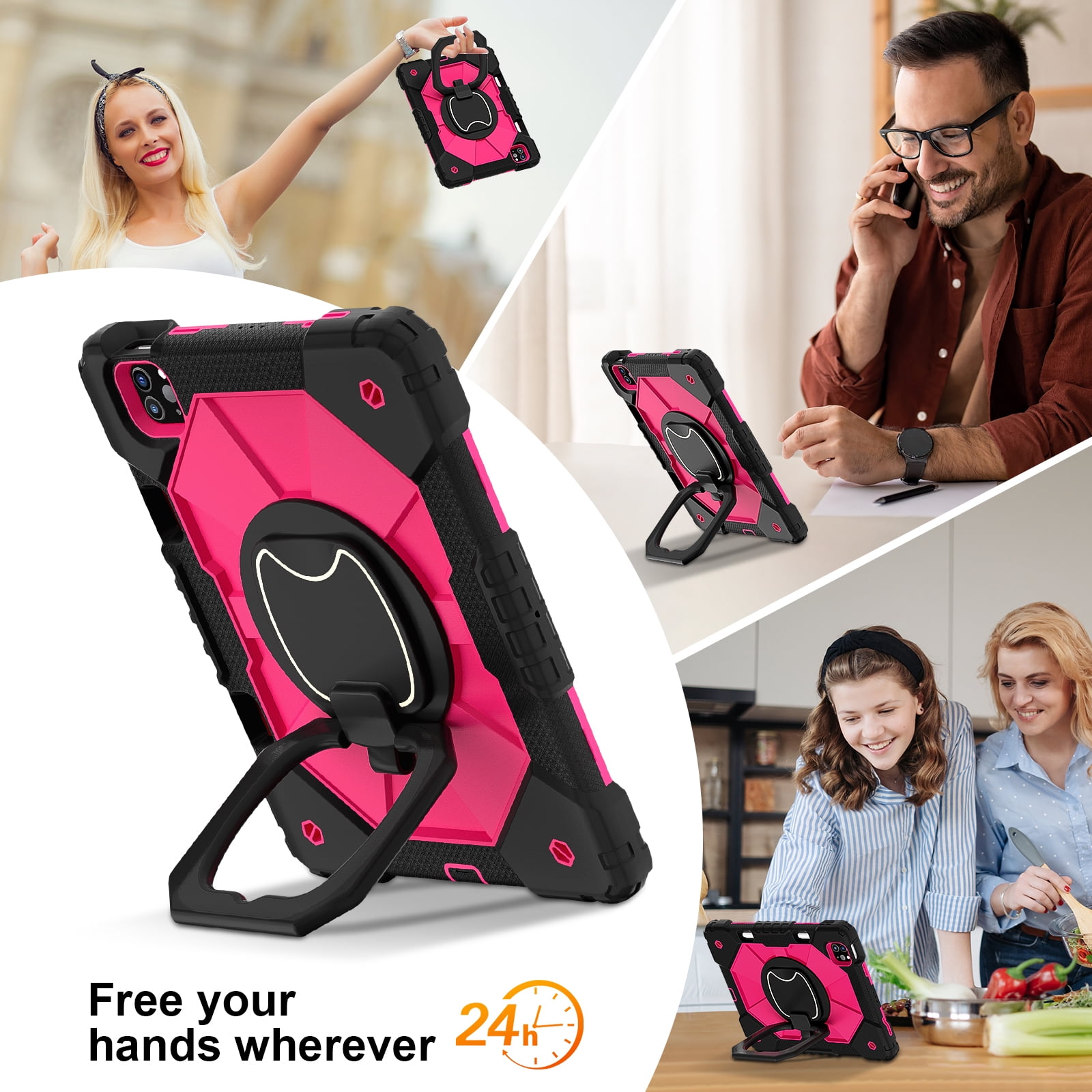 Shockproof Case for Apple iPad Pro 13 M4 2024, Build in Pencil Holder Rotating Stand Shoulder Strap Bumper Shockproof Rugged Kids Friendly Case Cover for iPad Pro 13 Inch M4 2024, Rose