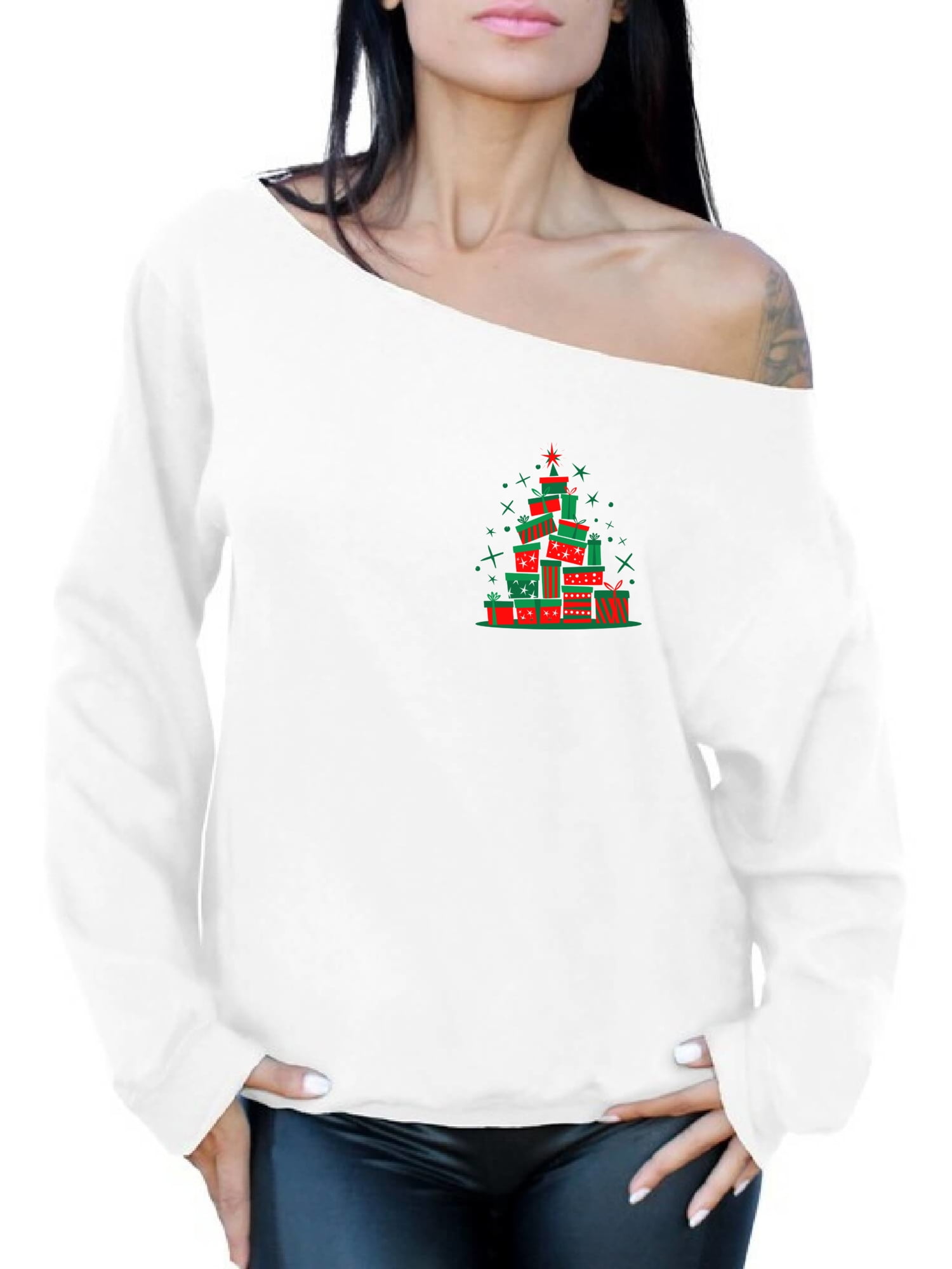 Awkward Styles - Awkward Styles Lit Christmas Tree Off Shoulder Sweatshirt Lit Xmas Oversized 