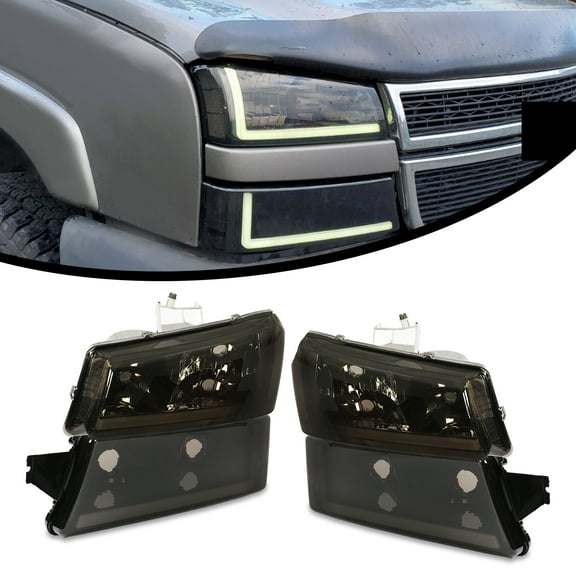 Kojem Front Smoked Headlight Lamp w/LED DRL for 03 04 05 06 07 Chevy Chevrolet Silverado Avalanche