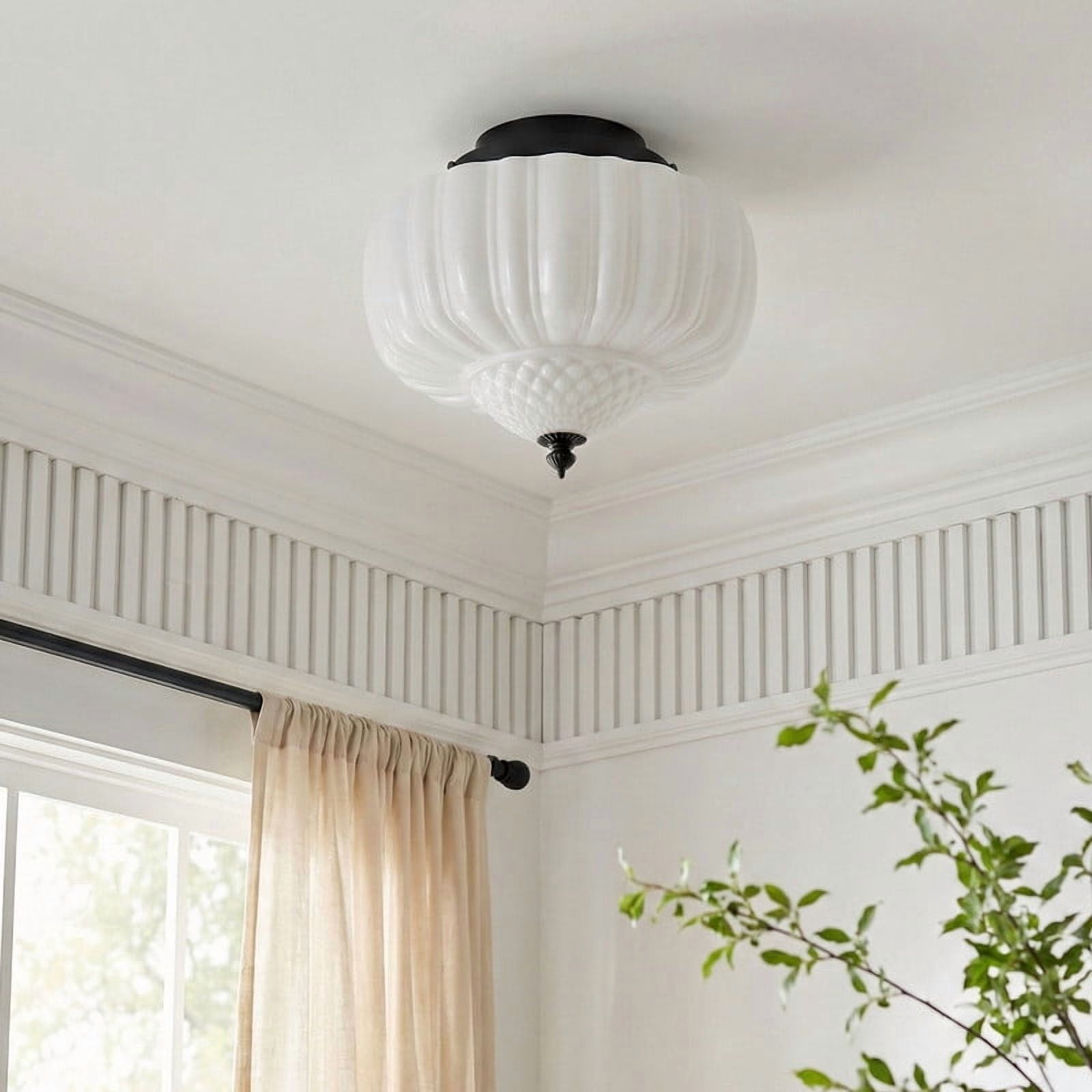 Modern Black Semi Flush Mount Ceiling Light – 13.78" Iron Frame with Ribbed White Glass Shade, E12 Base Fixture for Bedroom, Entryway & Farmhouse
