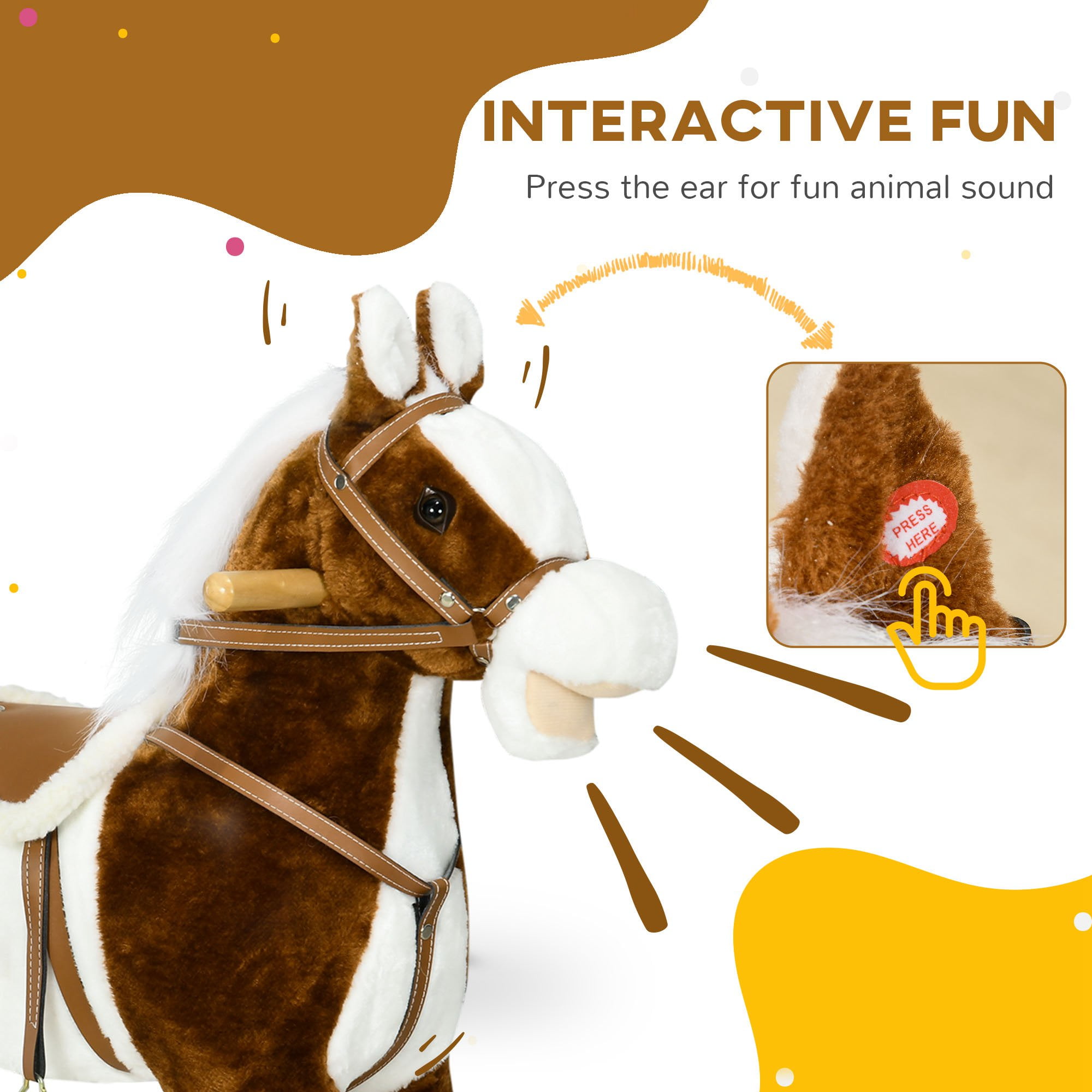 Qaba Rocking Horse with Sound,Ride On Horse with Saddle,Toddler Rocker,Gift for 3-8 Year Old,Brown,Brown Plush Toys Kids Bikes Riding Toys