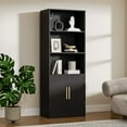 thumbnail image 2 of 63" Tall Bookshelf with 2 Doors, Modern Bookshelf with Storage, 3 Shelf Bookcase with Adjustable Shelf, 3 Tier Bookshelf, Open Shelves Bookcase, Unique Bookshelf for Home Office, Black, 2 of 8
