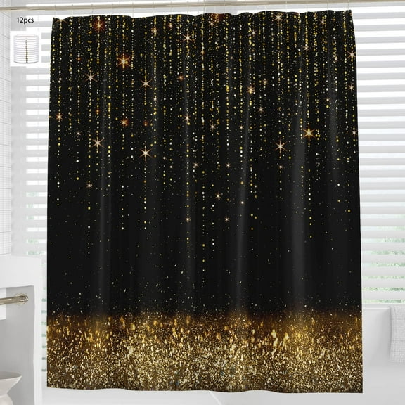Gold Glitter Shower Curtain Gold Shining Bling Bathroom Shower Curtain with 12 Hooks Washable Waterproof 72x72 Inches (No Sequin) 70"W x 72"L (Pack of 1)