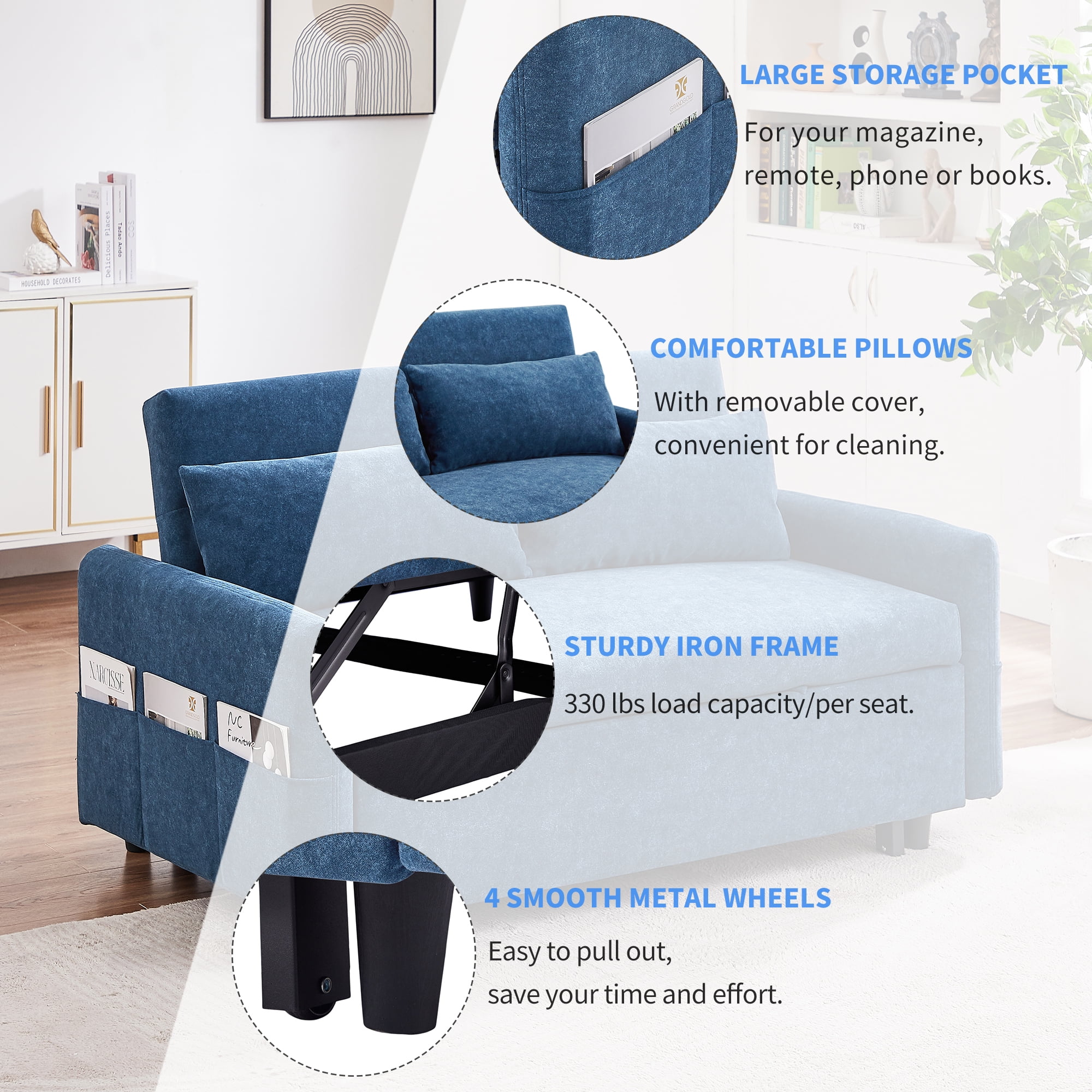 Harper & Bright Designs 55.1" Pull Out Sleep Sofa Bed Loveseats Sofa Couch with Adjsutable Backrest, Storage Pockets, 2 Soft Pillows for Living Room, Bedroom, Apartment, Office, Blue