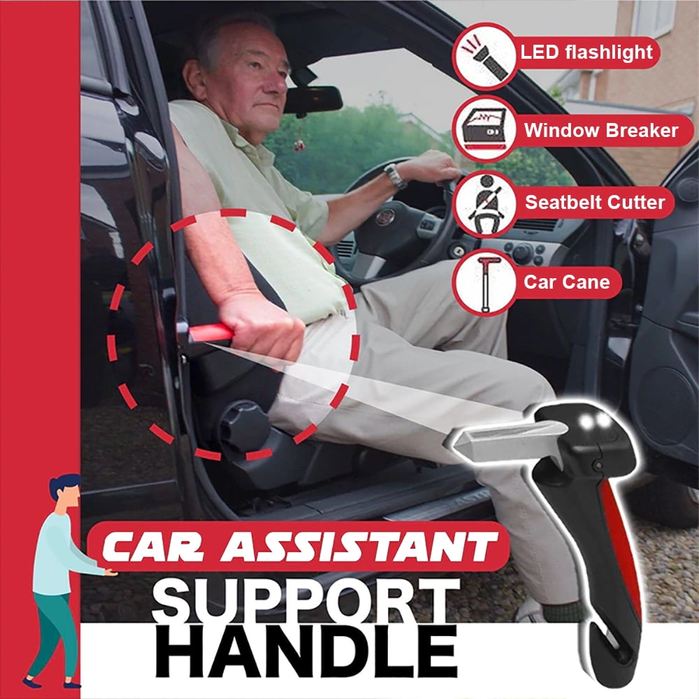 Car Cane Mobility Aid Standing Support Grab Bar w/ Flash Light and Glass Breaker 