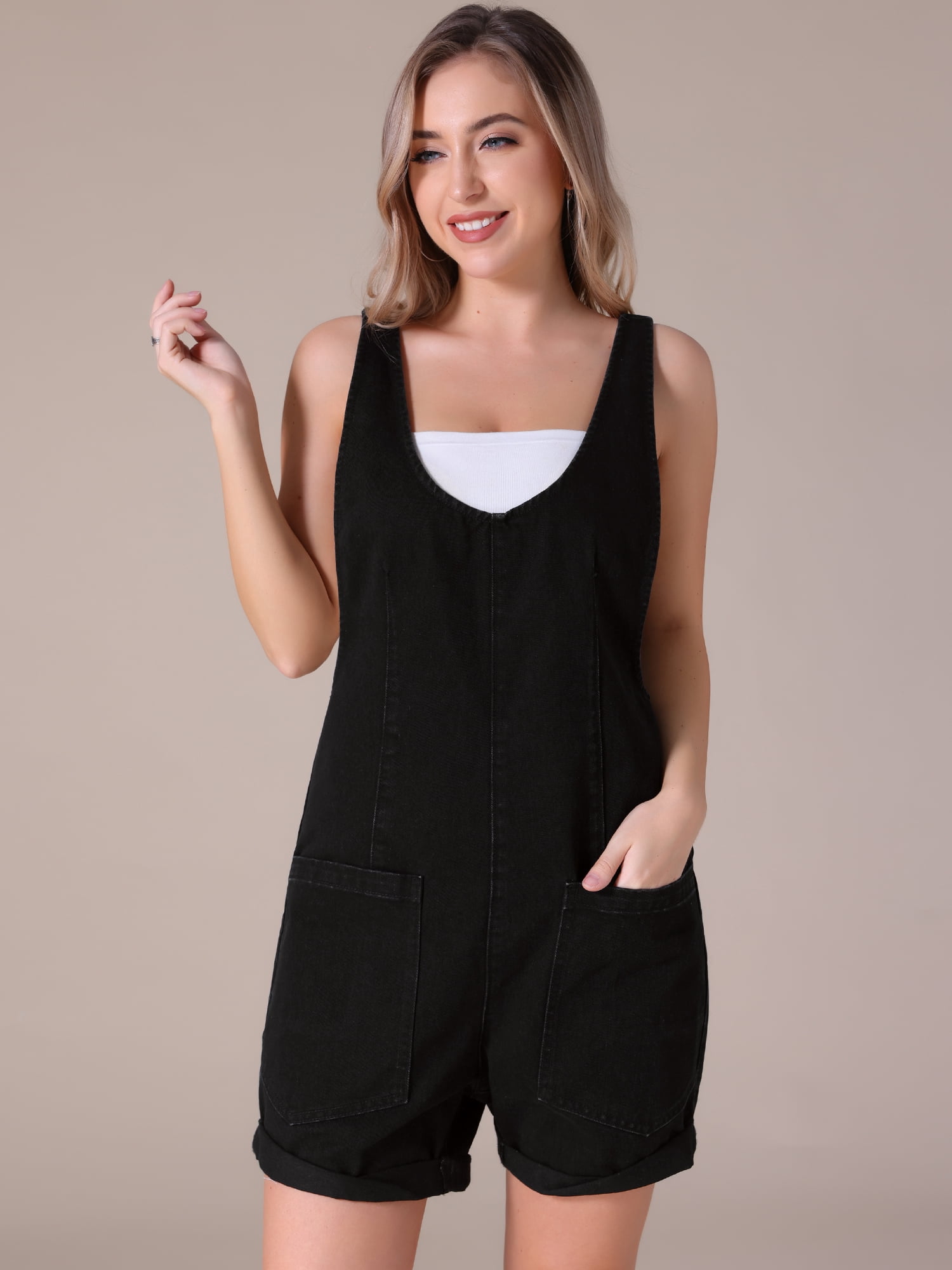 DARING DIVA Women's Denim Sleeveless Casual Loose Romper with Pockets S Black