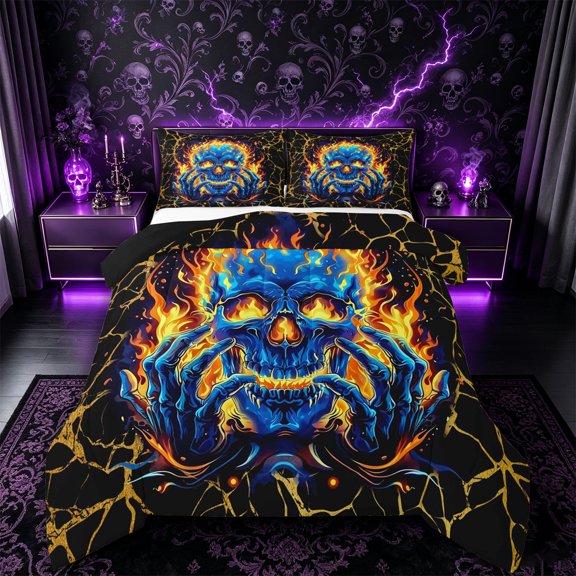Castle Fairy Abstract Flame Skull Full Size Comforter Sets 3-Piece,Happy Halloween Bedding Comforter Set,Orange Blacks,1 Comforter and 2 Pillowcases,Black Reversible