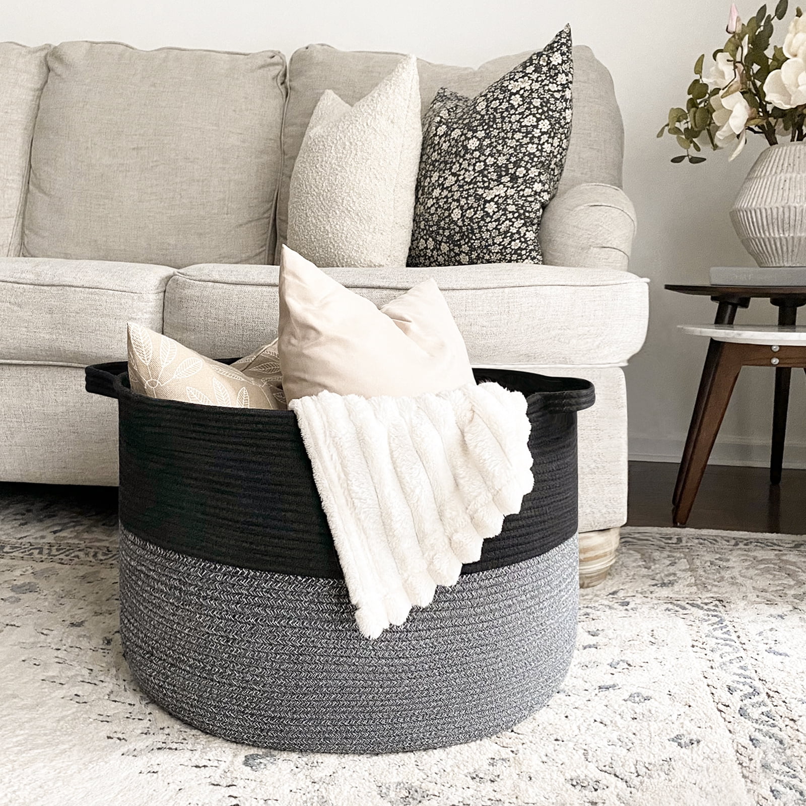 Timeyard Large Woven Laundry Hamper Basket - Decorative Storage Organizer for Living Room, Holds Toys Pillows Blankets Clothes - 21.7" x 21.7" x 13.8"-Black & Grey