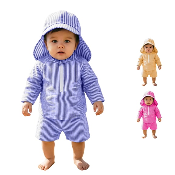 Rggeeun Child Boys Swimsuit Set 3Pc Cute Striped Pattern Long Sleeve Crew Neck Front Zipper Top & Elastic Waist Swim Trunks with Hat for Summer Pool Training Classic Swim Wear,Purple,6-12 Months