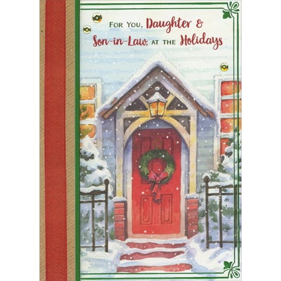 Designer Greetings Snow Covered Porch, Vertical 3D Die Cut Border, Wide Red Ribbon Hand Decorated Christmas Card for Daughter and Son-in-Law
