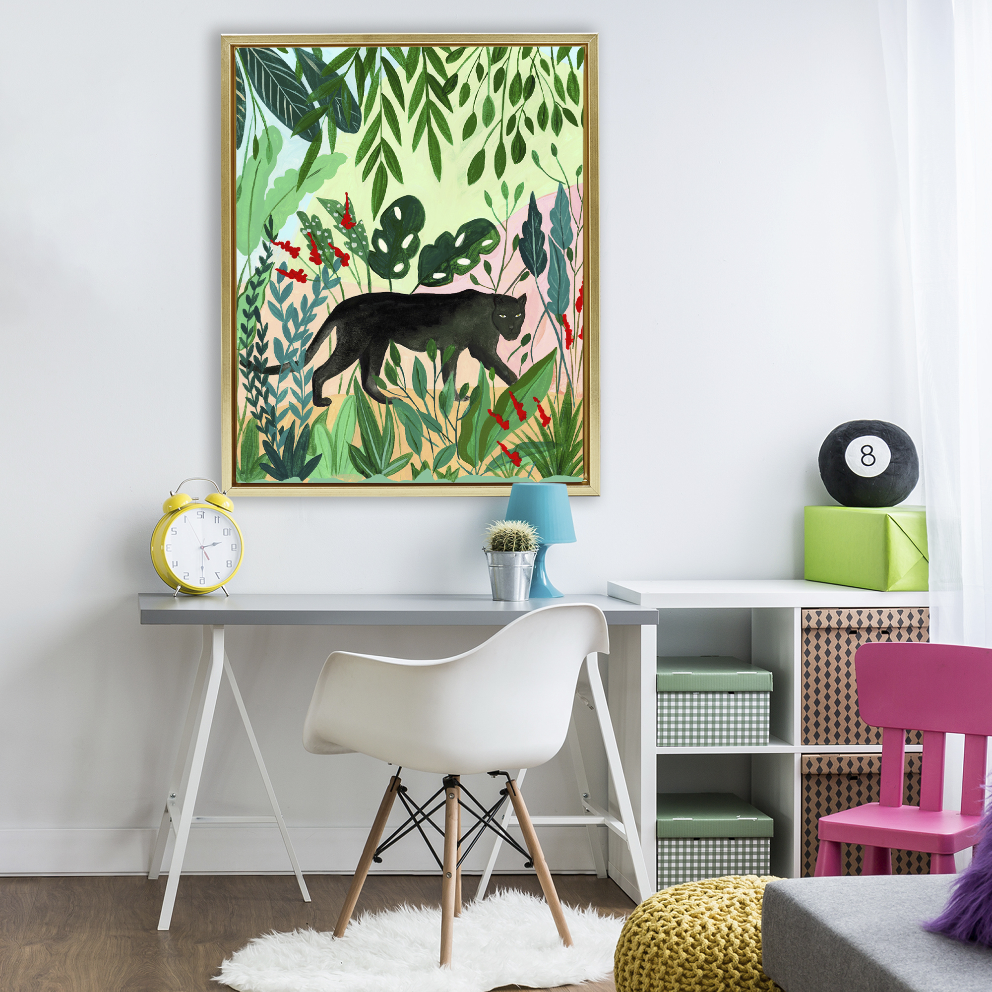 Stoic Panther Tropical Forest Gold Framed Floater Canvas Wall Art, design by Nabeela Rumi