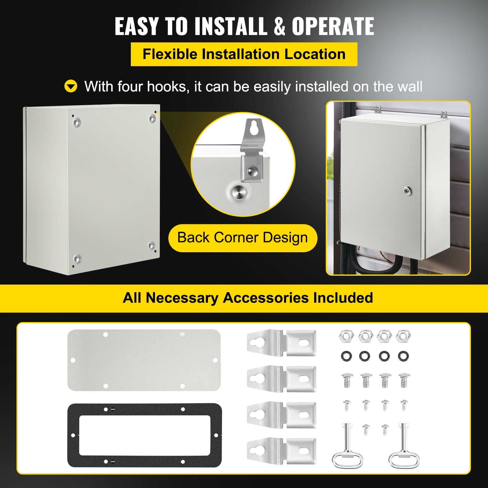 SKYSHALO Steel Electrical Box 16” x 12” x 6”Electrical Enclosure Box, Carbon Steel Hinged Junction Box, IP65 Weatherproof Metal Box Wall-Mounted Electronic Equipment Enclosure Box with Mounting Plate