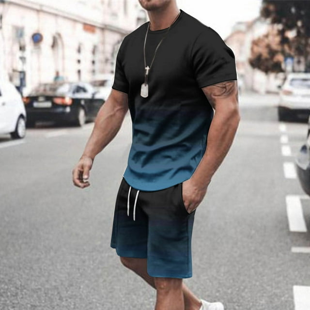 NTACZA Athletic 2 Pieces Mens Short Sleeve Shirt Tracksuits Gradient Crew Neck Mens Sweatsuits 4XL