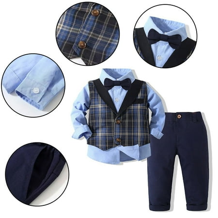 

Esaierr Kids Little Boys Gentleman Formal Suit Set with Vest Pant Shirt And Bow Tie Baby Boys Long Sleeve Fall Winte 4PCS Outfit Toddler Boys Dress Clothes Set for 1-5 Years