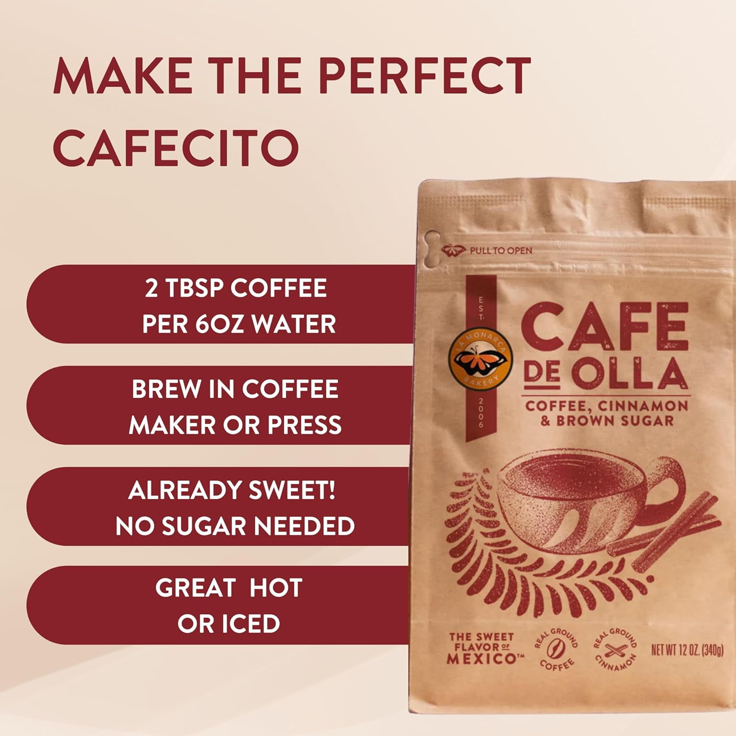 Café De Olla Ground Coffee, 12 Ounce (pack of 2), Cinnamon and Brown Sugar Spiced Mexican Dark Roast Coffee by La Monarca Bakery