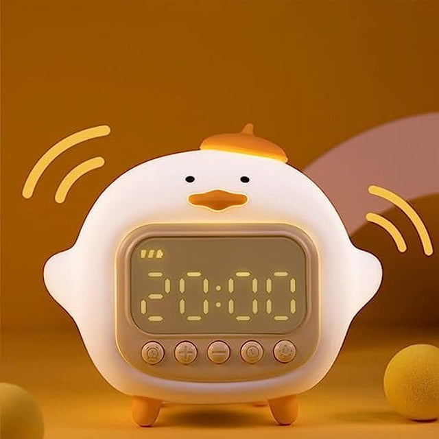 (Blanco) Pato Lindo Reloj Despertador Luz Nocturna, Brillo Ajustable Luz Nocturna de Silicona para Dormitorio