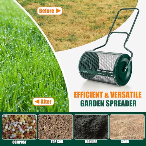 S AFSTAR 24-Inch Compost Spreader, Peat Moss Spreader with Upgrade Side Latches & U-Shape Handle, Metal Mesh Topdressing Roller for Topsoil, Fertilizer, Garden & Lawn Care Manure S