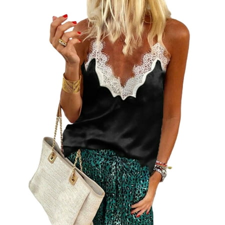

MERSARIPHY Women Solid Color Satin Silk Lace V-Neck Backless Camisole