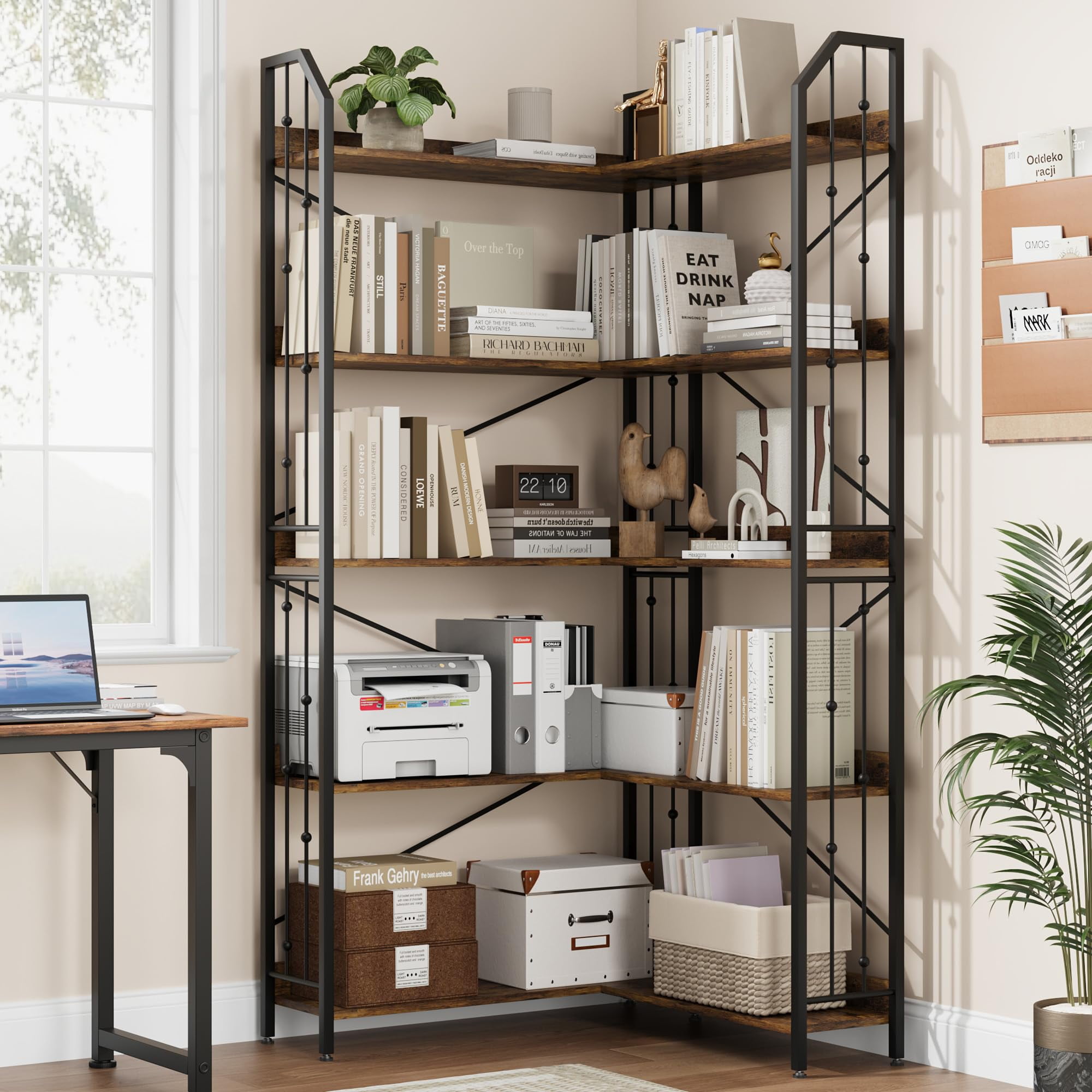 Yiwa Industrial Corner Bookcase, L-Shape 5 or 7-Tier Tall Display