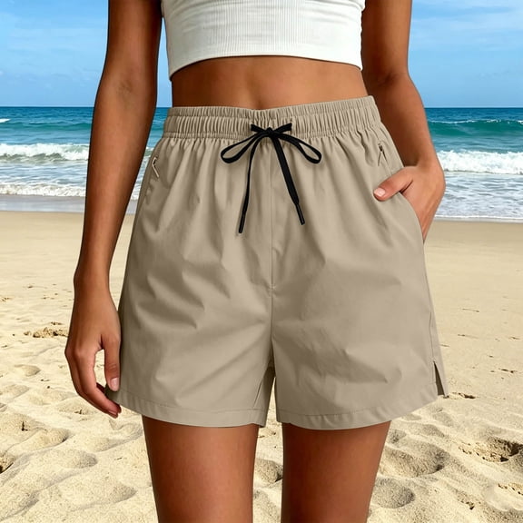 Hurxie Athletic Shorts for Women Bermuda High Waisted Hiking Shorts with Pockets Casual Summer Quick Dry Wear for Women Golf Khaki,M