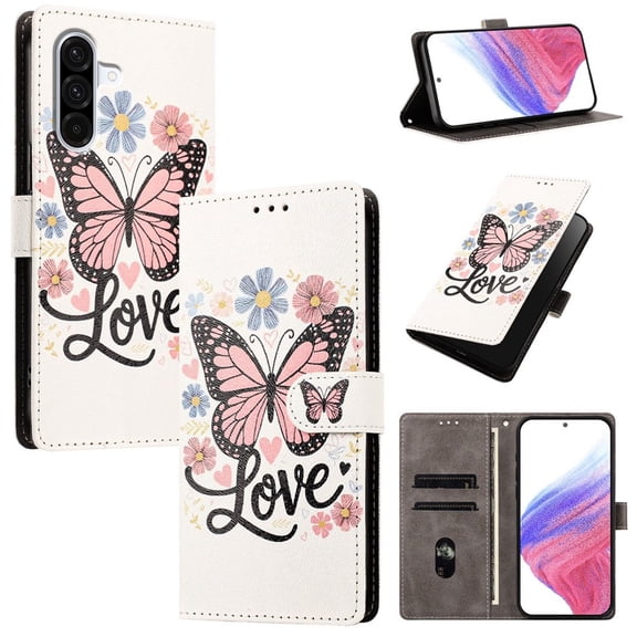 Colorful Painted Wallet Phone Case for Samsung Galaxy A37 5G 6.7" , PU Leather Flip Folio Cover With Card Slots, Magnetic Closure, Kickstand, Shockproof Protective Phone Case,Pink Butterfly