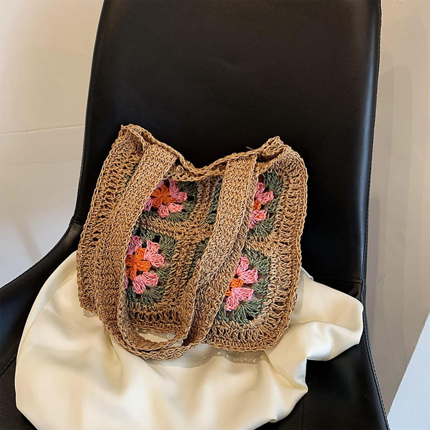Kukuzhu Crochet Beach Bag, Summer Cute Straw Tote Bags Woven Beach Bag Knit Bags for Women Crochet Purse