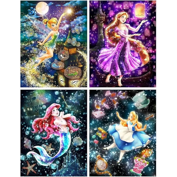4 Pack Diamond Painting Kits for Adults, 5D Princess Diamond Art for Beginners, Full Drill Gem Dots for Home Wall Decor 12x16inch