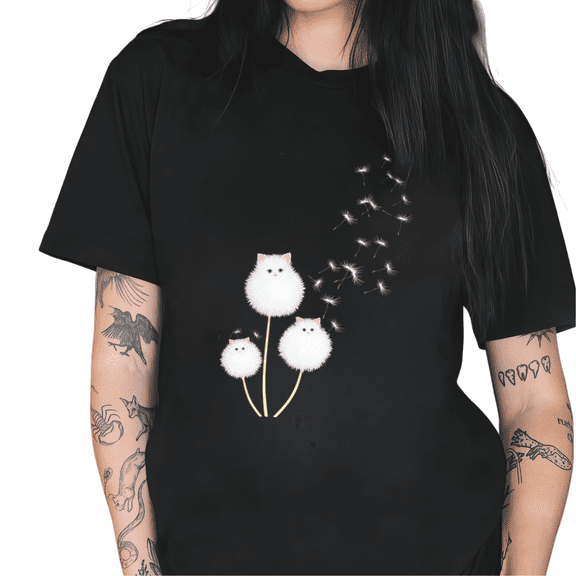 Black Cat Dandelion Whimsical Cute Cat Lover Floral Graphic Tees Print Tshirt Shirts Casual Tops S-5XL