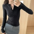 thumbnail image 4 of Olyvenn Button T Shirt Women's Crop Tops Ribbed Solid Long Sleeve V Neck Buttons Slim Basic Casual T Shirt Shirt Black S, 4 of 4