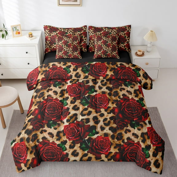 Manfei Leopard Print Bedding Twin Size,Romance Flower Rose Comforter Sets with Sheets,Jungle Animal Bedding Sets Twin Size,Microfiber Bedroom Decor Reversible,7pcs