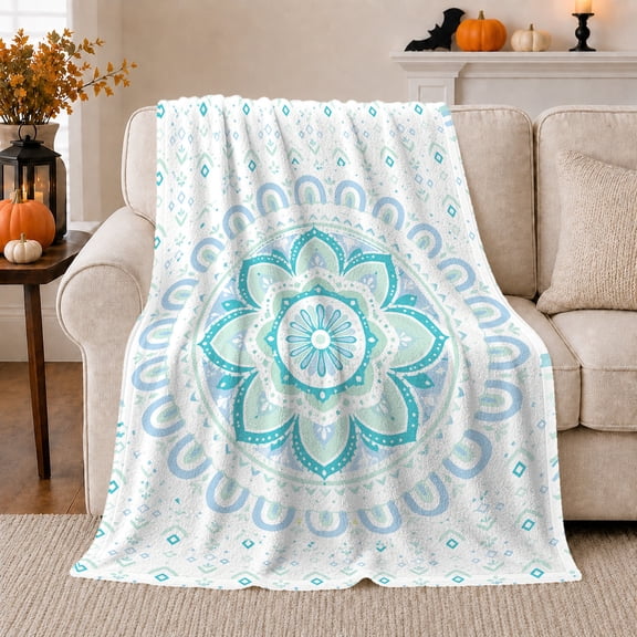Aqua Lotus Mandala on White, Serene Boho Floral Style for Flower Lovers, Teal Petal Medallion Pattern and Mother's Day Gift, Cozy Flannel Blanket for Sunroom and Bedroom, Coastal Home Decor